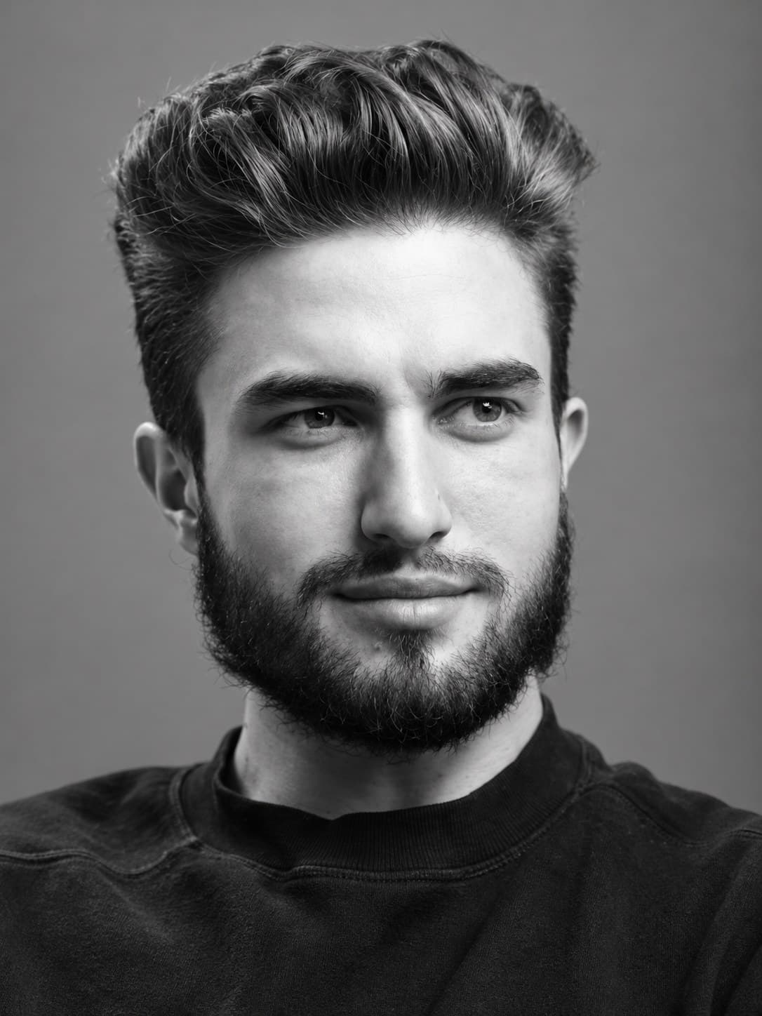 Retrato en blanco y negro de un hombre joven con barba.